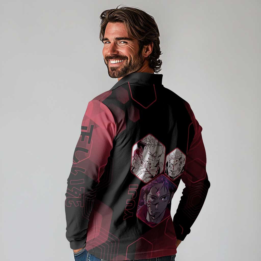 Yuji Itadori Jujutsu Kaisen Red Hexagon Design Long Sleeve Polo Shirt with Sukuna Transformation and Manga Style Art - The Mazicc
