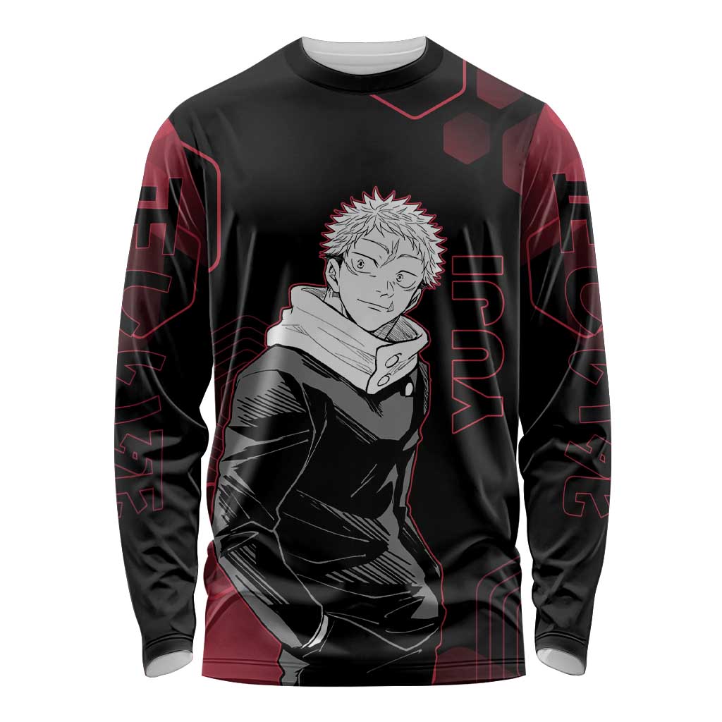 Yuji Itadori Jujutsu Kaisen Red Hexagon Design Long Sleeve Shirt with Sukuna Transformation and Manga Style Art - The Mazicc