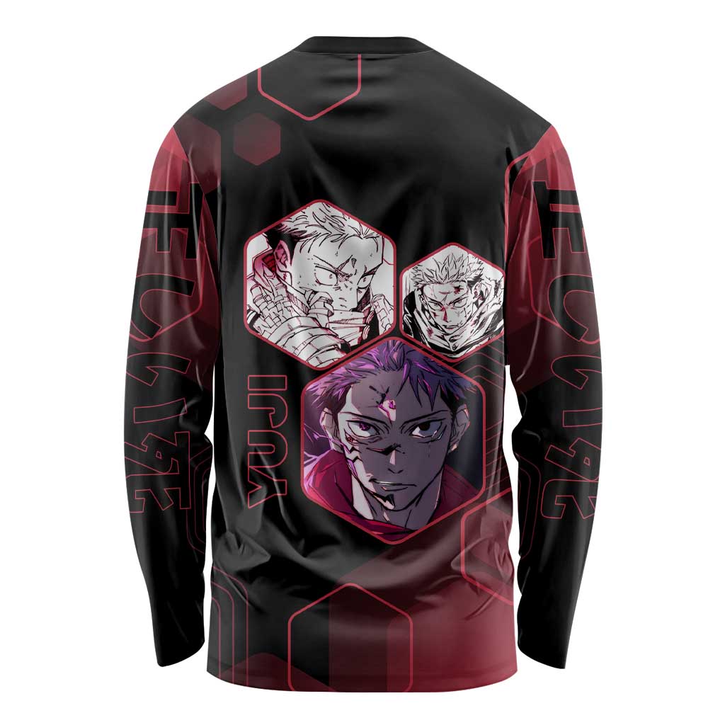 Yuji Itadori Jujutsu Kaisen Red Hexagon Design Long Sleeve Shirt with Sukuna Transformation and Manga Style Art - The Mazicc