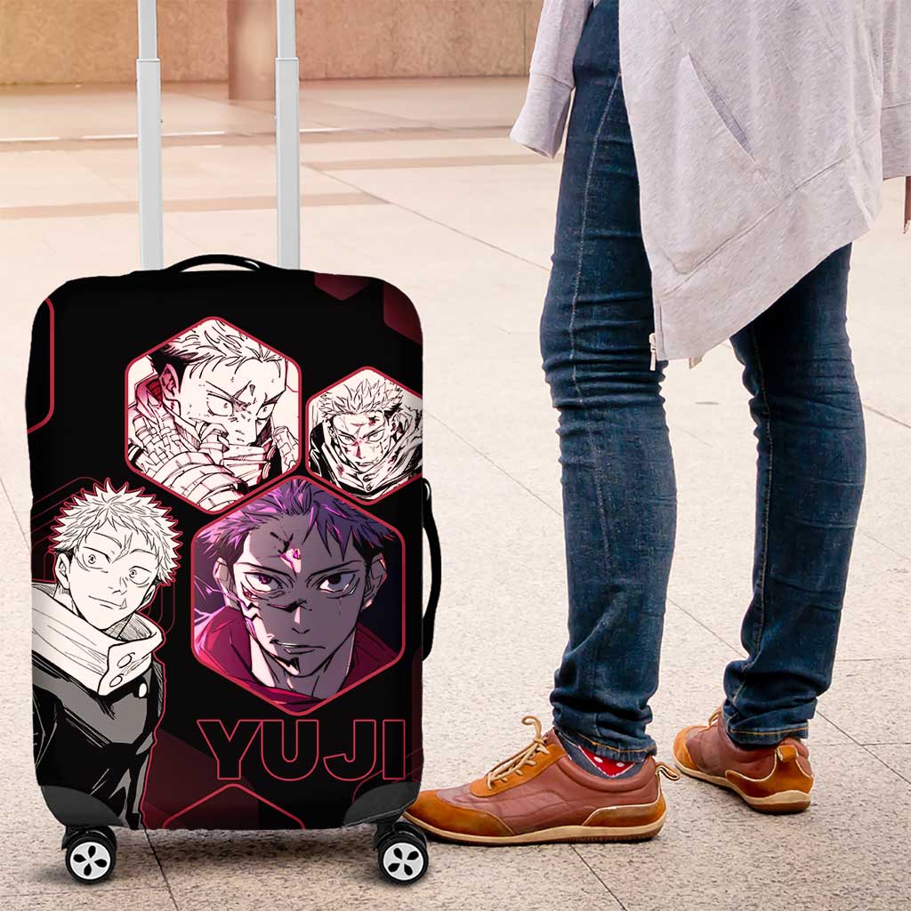 Yuji Itadori Jujutsu Kaisen Red Hexagon Design Luggage Cover with Sukuna Transformation and Manga Style Art - The Mazicc