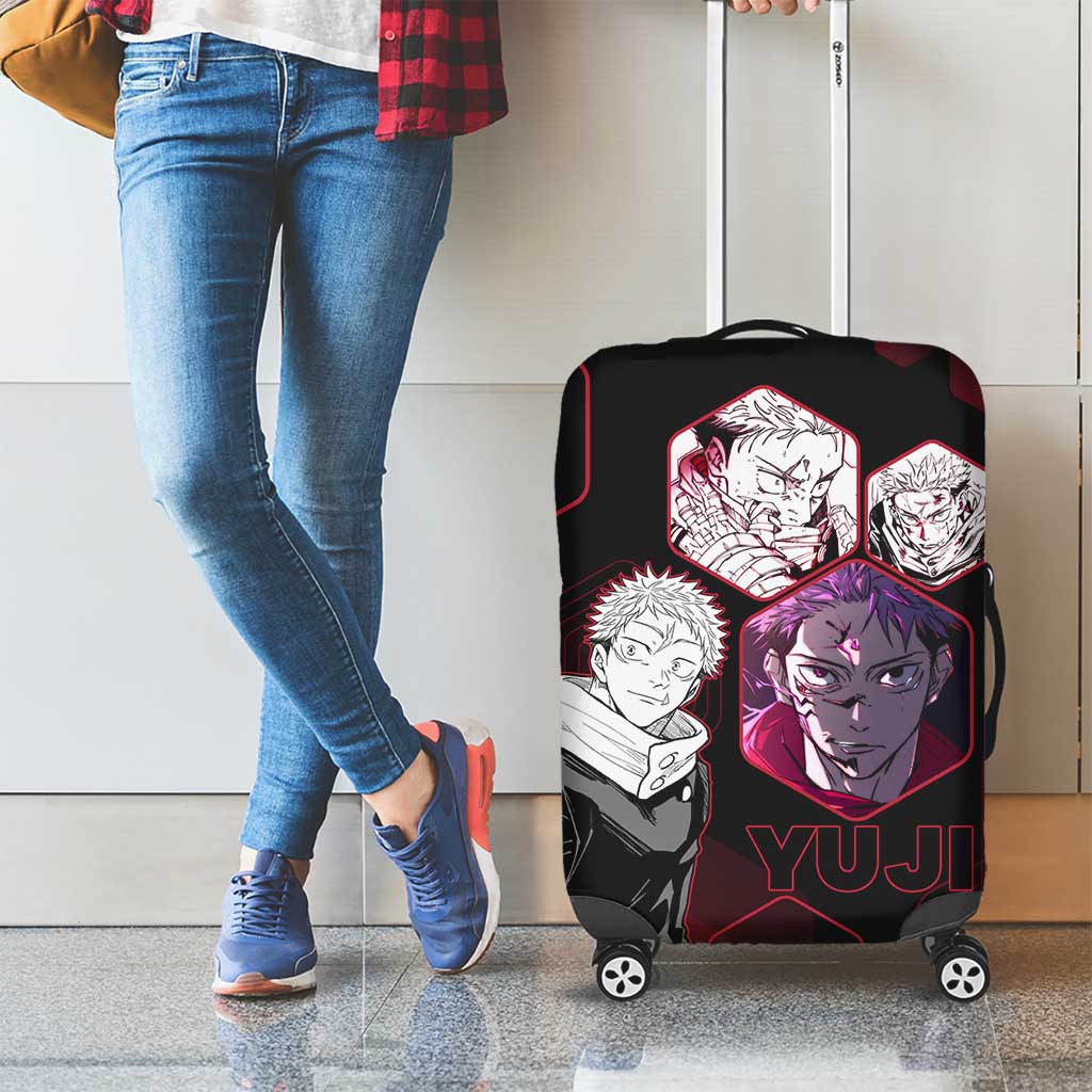 Yuji Itadori Jujutsu Kaisen Red Hexagon Design Luggage Cover with Sukuna Transformation and Manga Style Art - The Mazicc