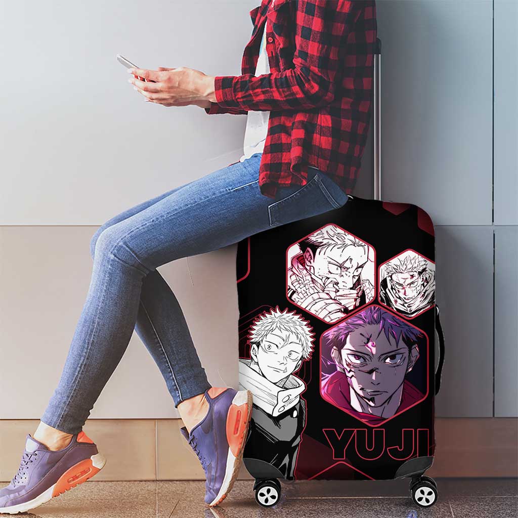 Yuji Itadori Jujutsu Kaisen Red Hexagon Design Luggage Cover with Sukuna Transformation and Manga Style Art - The Mazicc