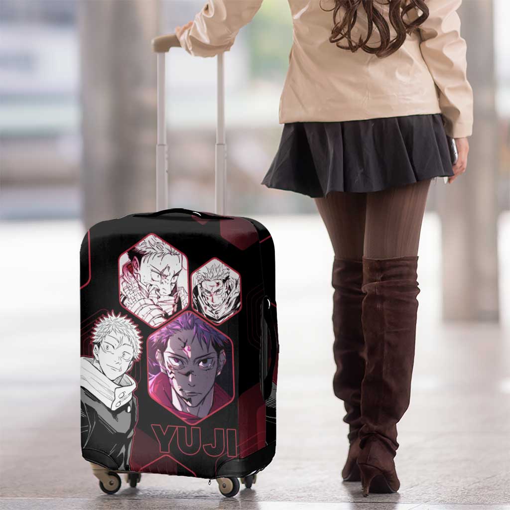 Yuji Itadori Jujutsu Kaisen Red Hexagon Design Luggage Cover with Sukuna Transformation and Manga Style Art - The Mazicc