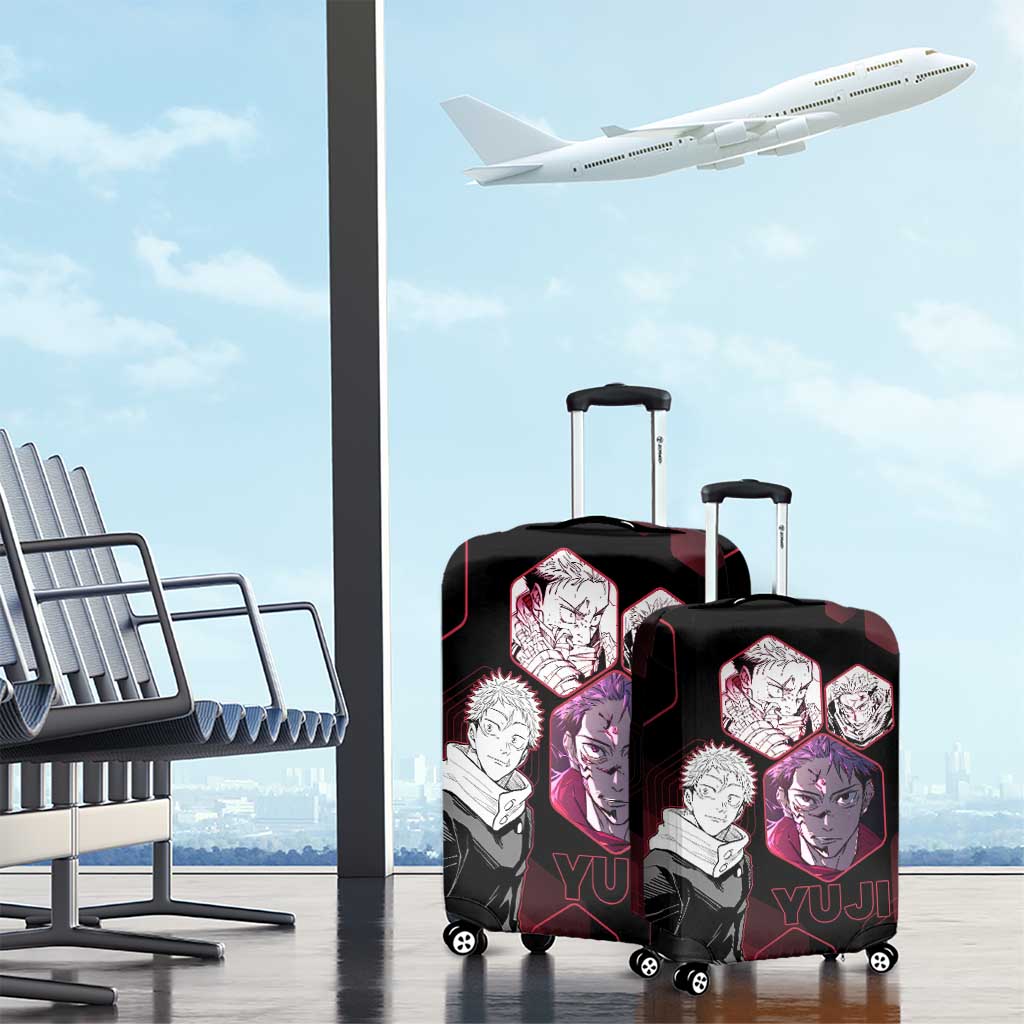 Yuji Itadori Jujutsu Kaisen Red Hexagon Design Luggage Cover with Sukuna Transformation and Manga Style Art - The Mazicc