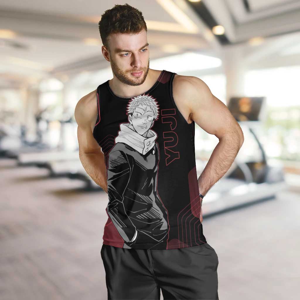 Yuji Itadori Jujutsu Kaisen Red Hexagon Design Men Tank Top with Sukuna Transformation and Manga Style Art - The Mazicc