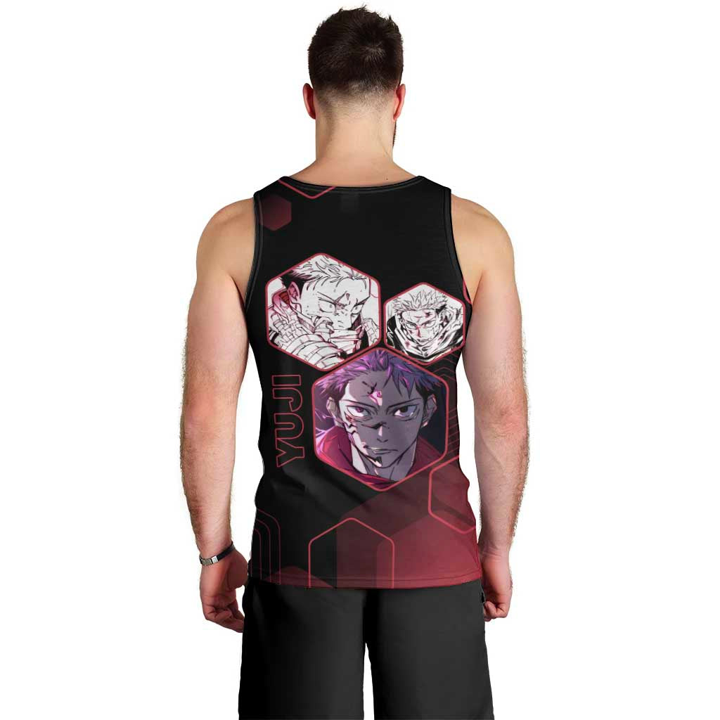 Yuji Itadori Jujutsu Kaisen Red Hexagon Design Men Tank Top with Sukuna Transformation and Manga Style Art - The Mazicc