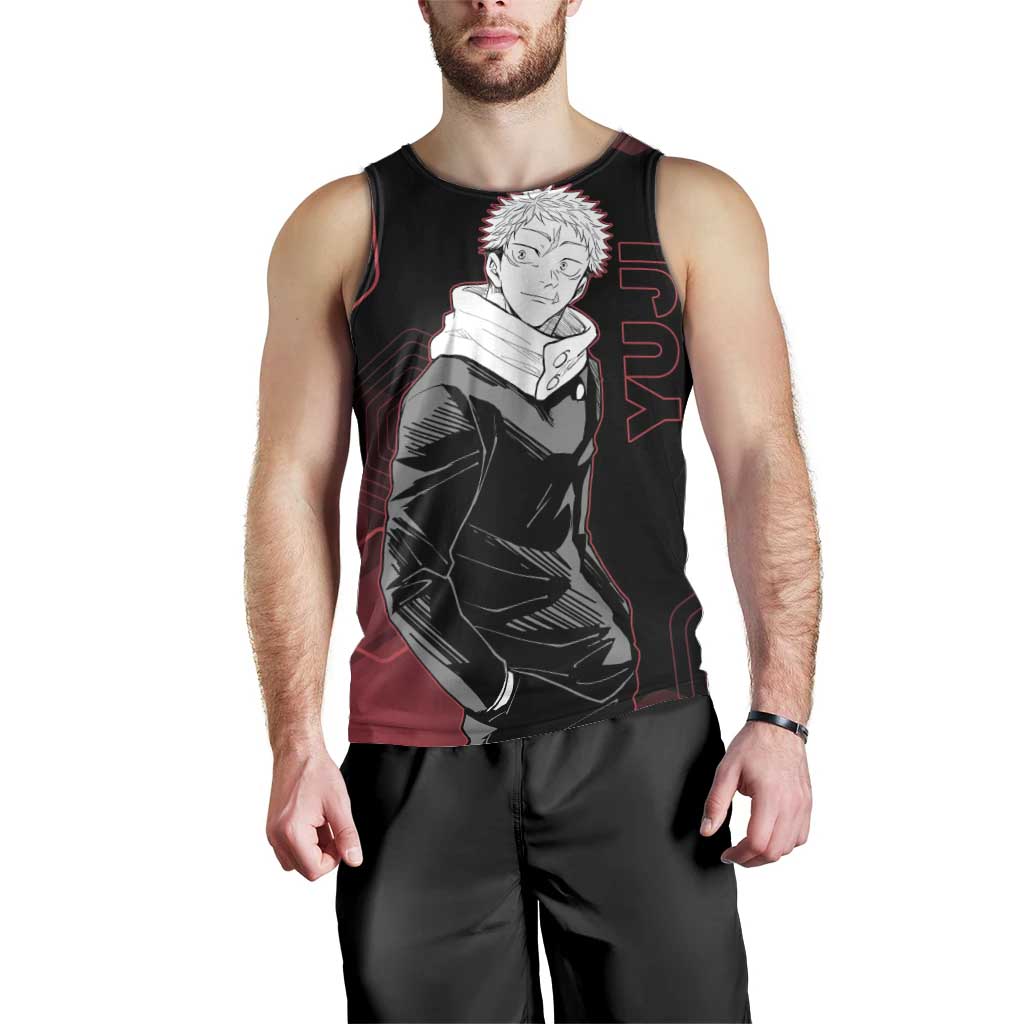 Yuji Itadori Jujutsu Kaisen Red Hexagon Design Men Tank Top with Sukuna Transformation and Manga Style Art - The Mazicc