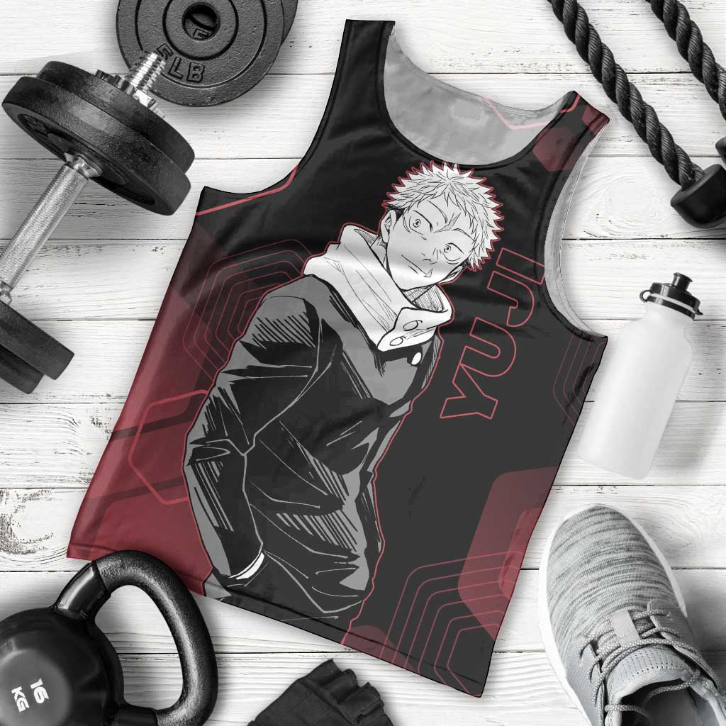Yuji Itadori Jujutsu Kaisen Red Hexagon Design Men Tank Top with Sukuna Transformation and Manga Style Art - The Mazicc