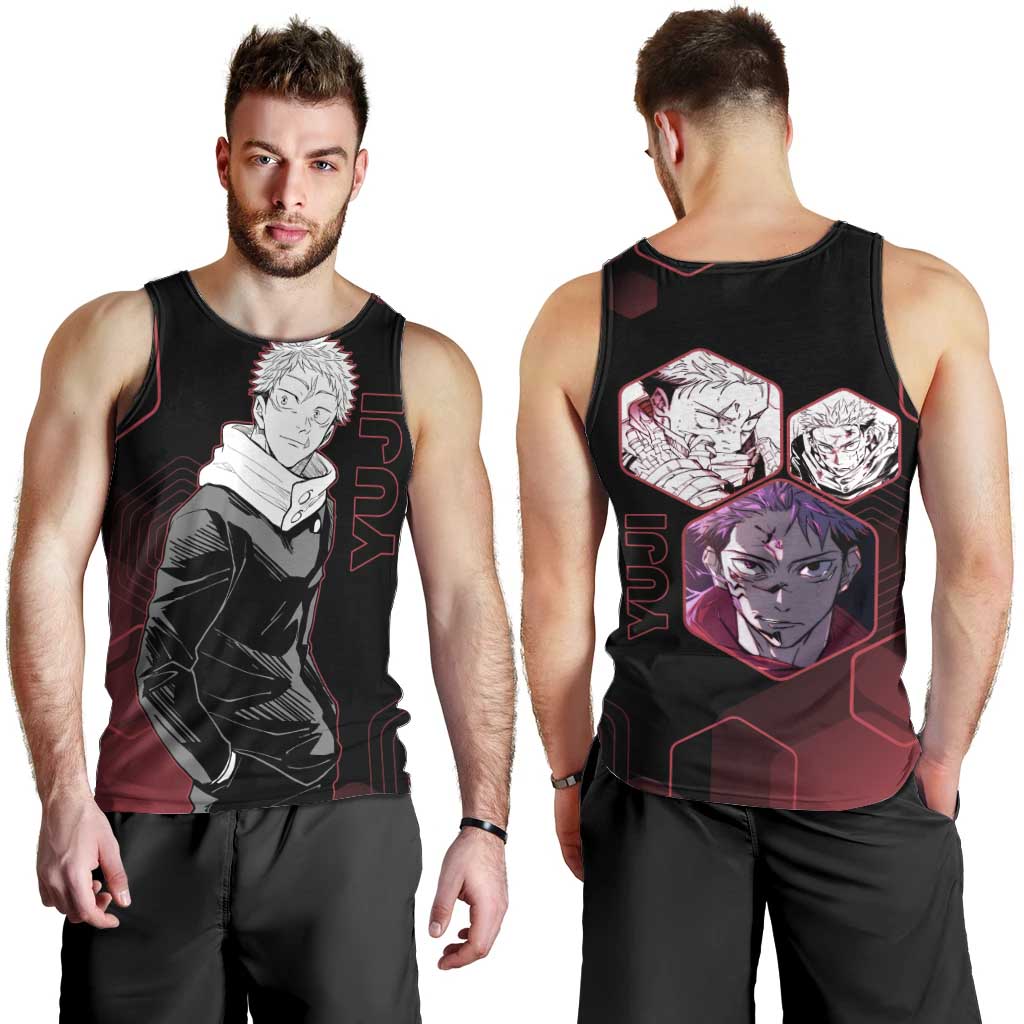 Yuji Itadori Jujutsu Kaisen Red Hexagon Design Men Tank Top with Sukuna Transformation and Manga Style Art - The Mazicc