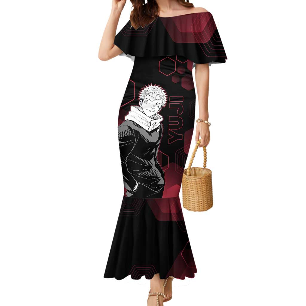 Yuji Itadori Jujutsu Kaisen Red Hexagon Design Mermaid Dress with Sukuna Transformation and Manga Style Art - The Mazicc