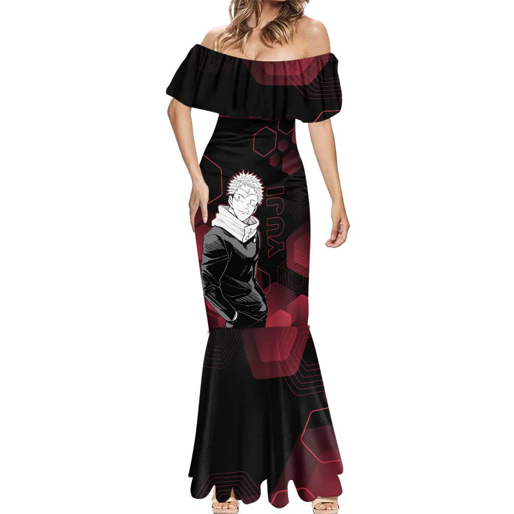 Yuji Itadori Jujutsu Kaisen Red Hexagon Design Mermaid Dress with Sukuna Transformation and Manga Style Art - The Mazicc