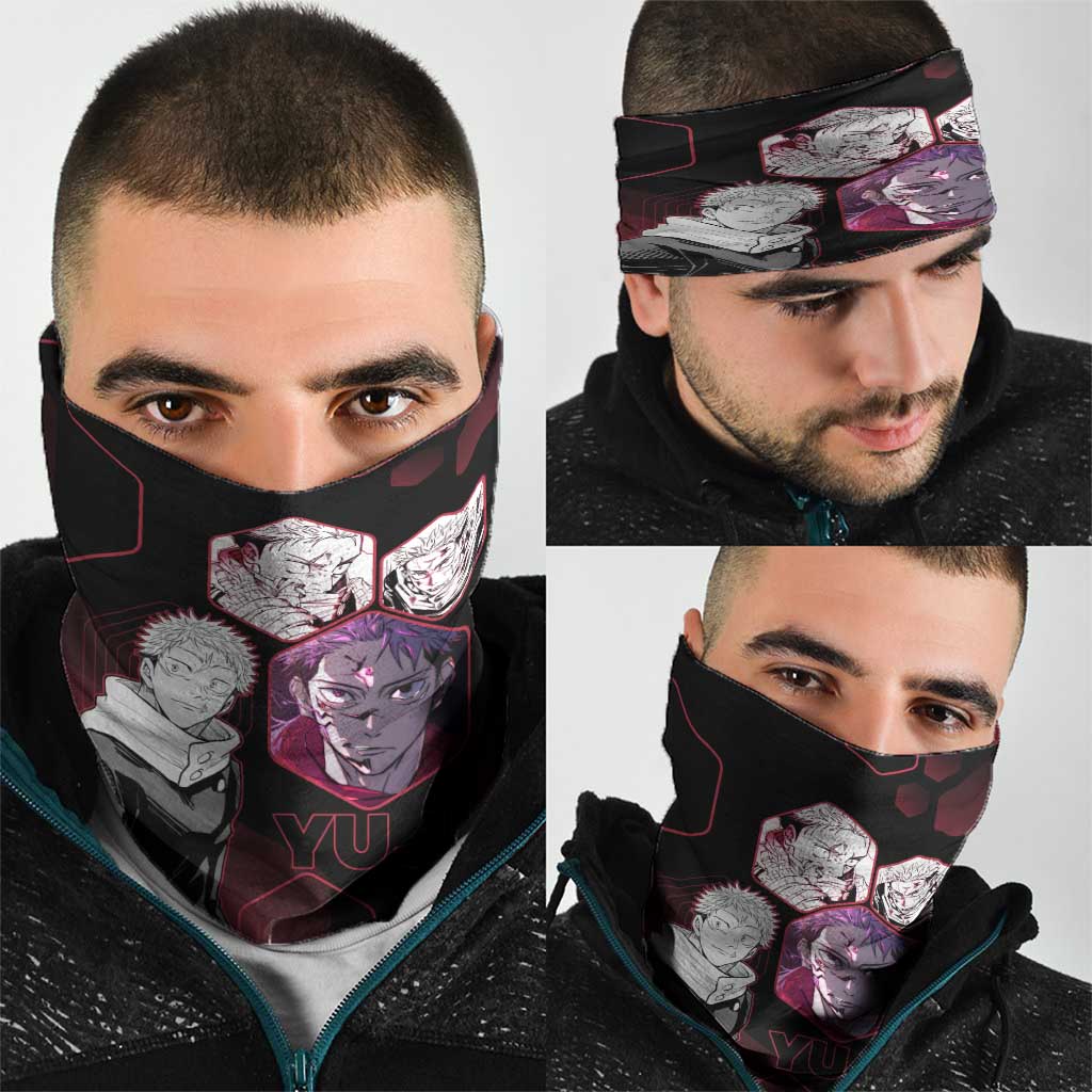 Yuji Itadori Jujutsu Kaisen Red Hexagon Design Neck Gaiter with Sukuna Transformation and Manga Style Art - The Mazicc