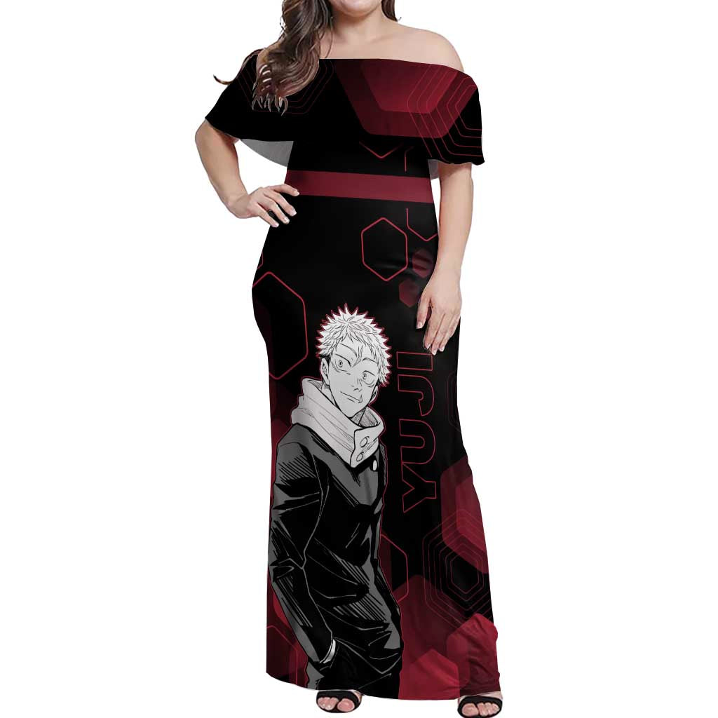 Yuji Itadori Jujutsu Kaisen Red Hexagon Design Off Shoulder Maxi Dress with Sukuna Transformation and Manga Style Art - The Mazicc