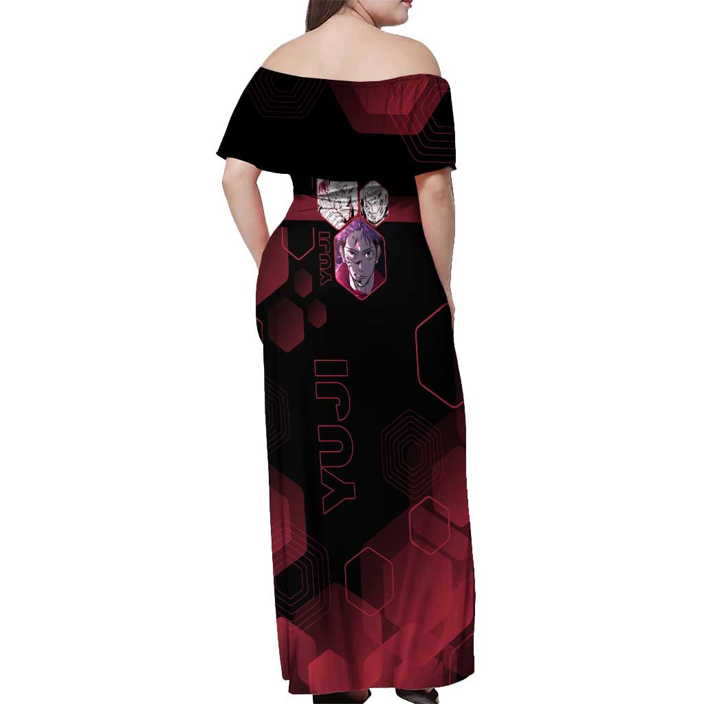 Yuji Itadori Jujutsu Kaisen Red Hexagon Design Off Shoulder Maxi Dress with Sukuna Transformation and Manga Style Art - The Mazicc