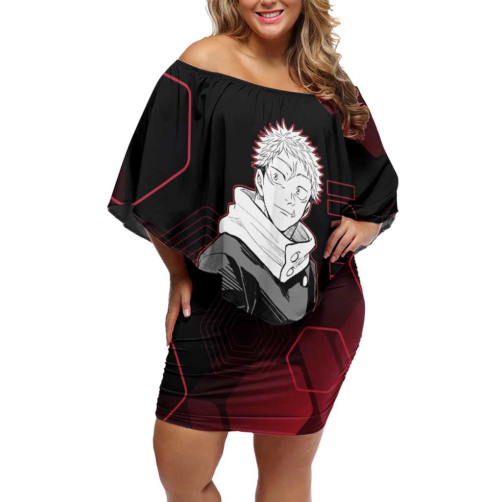 Yuji Itadori Jujutsu Kaisen Red Hexagon Design Off Shoulder Short Dress with Sukuna Transformation and Manga Style Art - The Mazicc