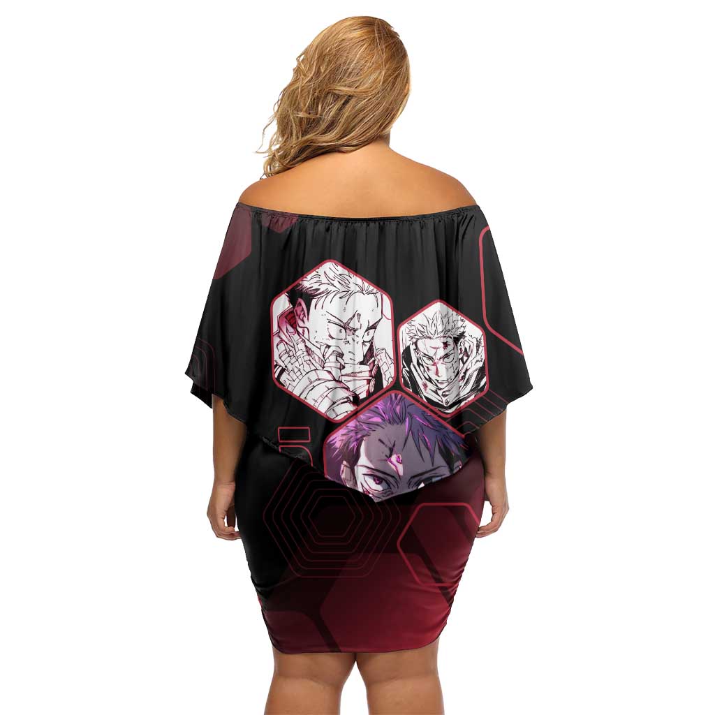 Yuji Itadori Jujutsu Kaisen Red Hexagon Design Off Shoulder Short Dress with Sukuna Transformation and Manga Style Art - The Mazicc