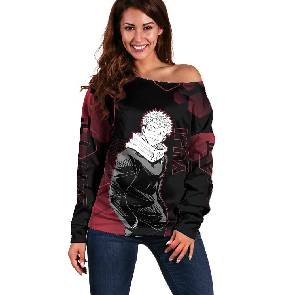 Yuji Itadori Jujutsu Kaisen Red Hexagon Design Off Shoulder Sweater with Sukuna Transformation and Manga Style Art - The Mazicc