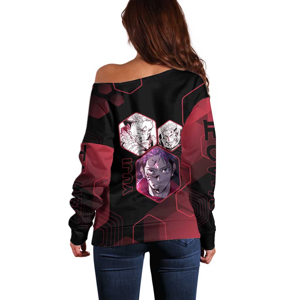 Yuji Itadori Jujutsu Kaisen Red Hexagon Design Off Shoulder Sweater with Sukuna Transformation and Manga Style Art - The Mazicc