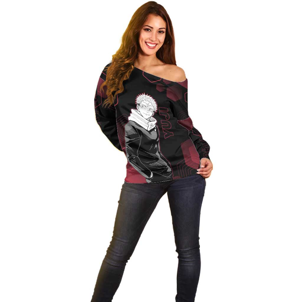 Yuji Itadori Jujutsu Kaisen Red Hexagon Design Off Shoulder Sweater with Sukuna Transformation and Manga Style Art - The Mazicc