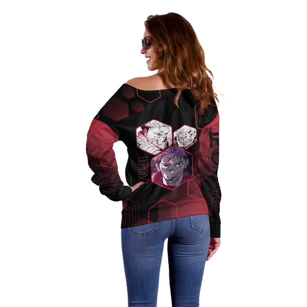 Yuji Itadori Jujutsu Kaisen Red Hexagon Design Off Shoulder Sweater with Sukuna Transformation and Manga Style Art - The Mazicc