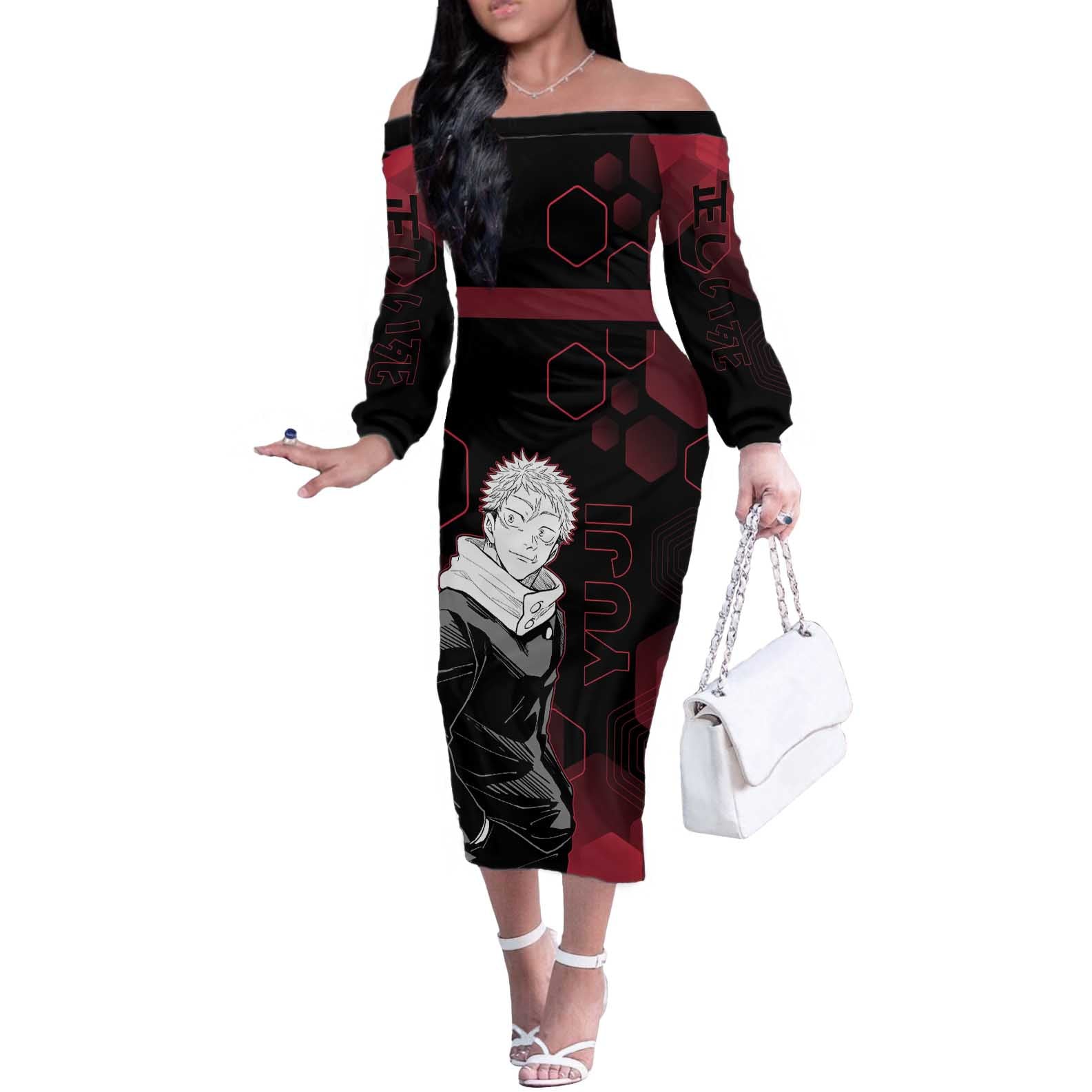 Yuji Itadori Jujutsu Kaisen Red Hexagon Design Off The Shoulder Long Sleeve Dress with Sukuna Transformation and Manga Style Art - The Mazicc