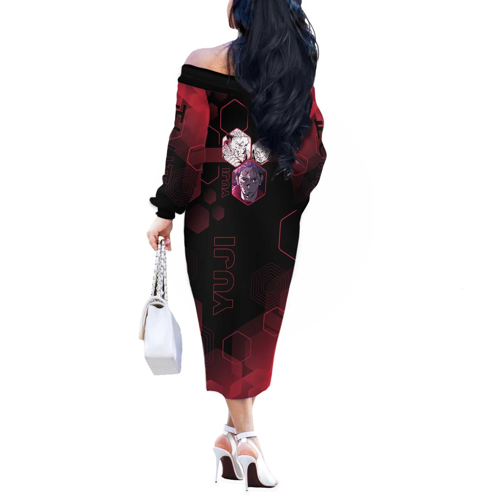 Yuji Itadori Jujutsu Kaisen Red Hexagon Design Off The Shoulder Long Sleeve Dress with Sukuna Transformation and Manga Style Art - The Mazicc