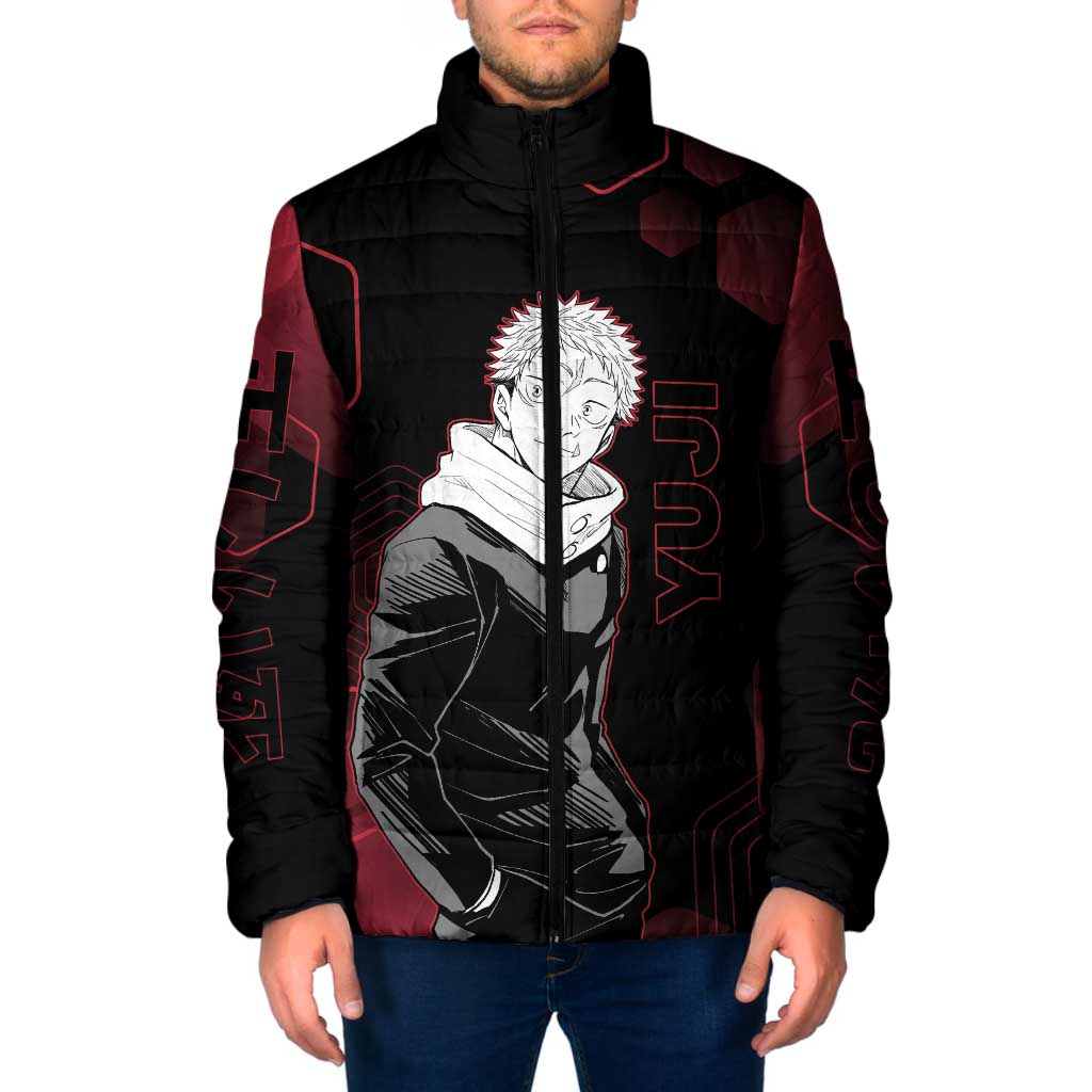 Yuji Itadori Jujutsu Kaisen Red Hexagon Design Padded Jacket with Sukuna Transformation and Manga Style Art - The Mazicc