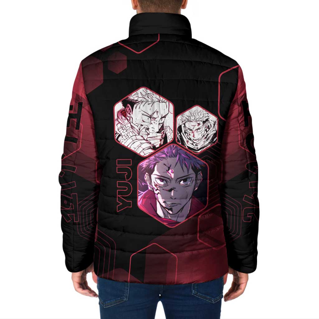Yuji Itadori Jujutsu Kaisen Red Hexagon Design Padded Jacket with Sukuna Transformation and Manga Style Art - The Mazicc