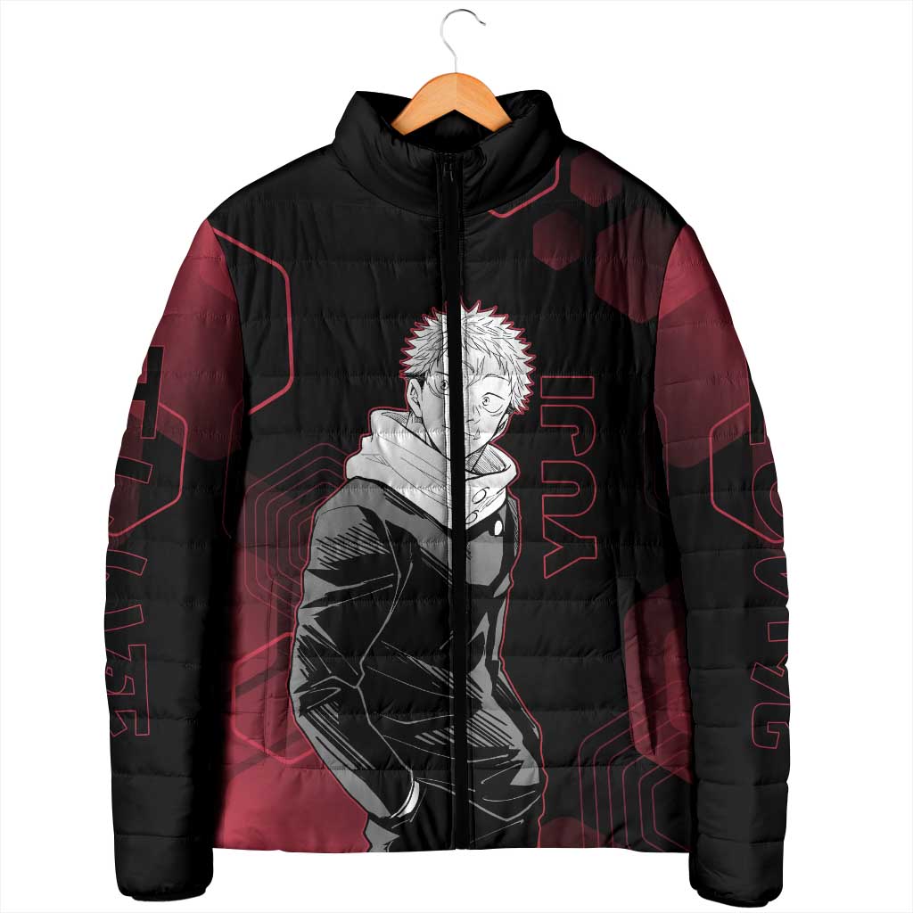 Yuji Itadori Jujutsu Kaisen Red Hexagon Design Padded Jacket with Sukuna Transformation and Manga Style Art - The Mazicc