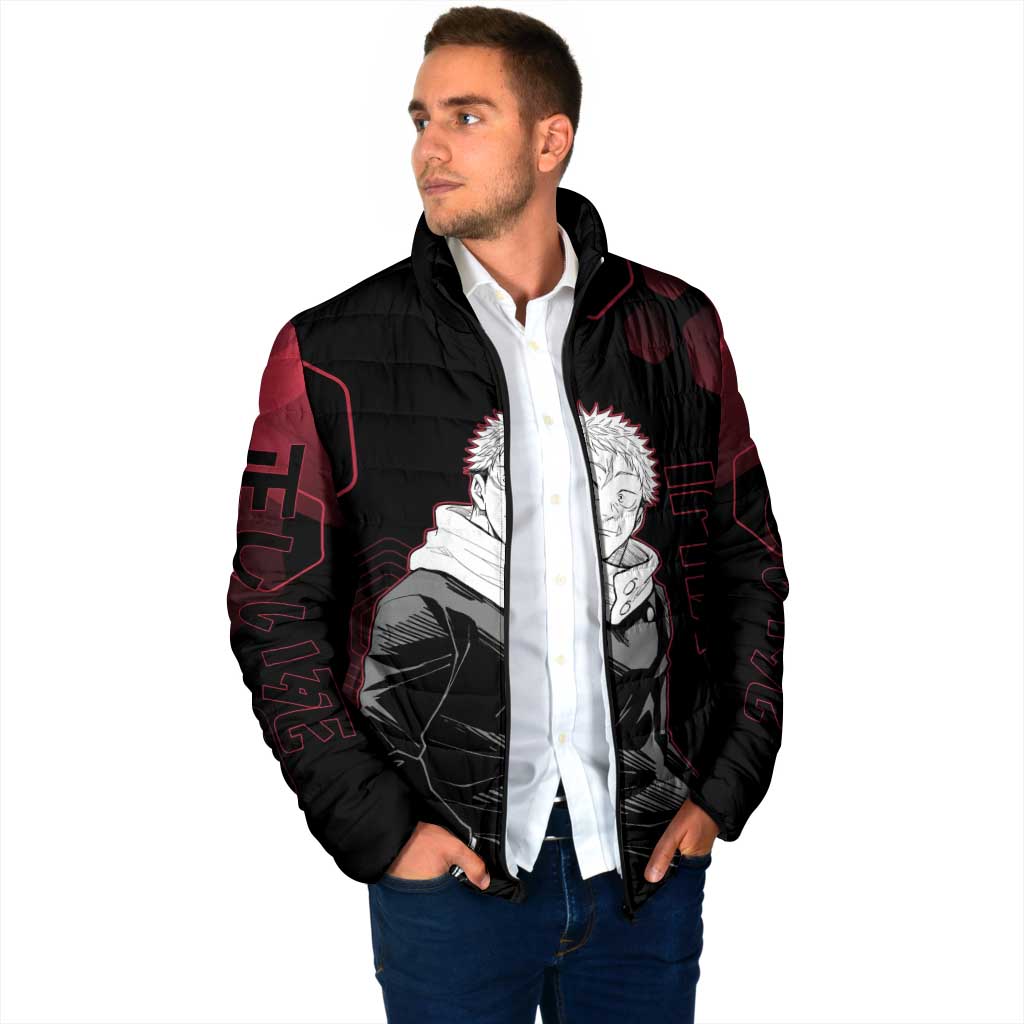 Yuji Itadori Jujutsu Kaisen Red Hexagon Design Padded Jacket with Sukuna Transformation and Manga Style Art - The Mazicc