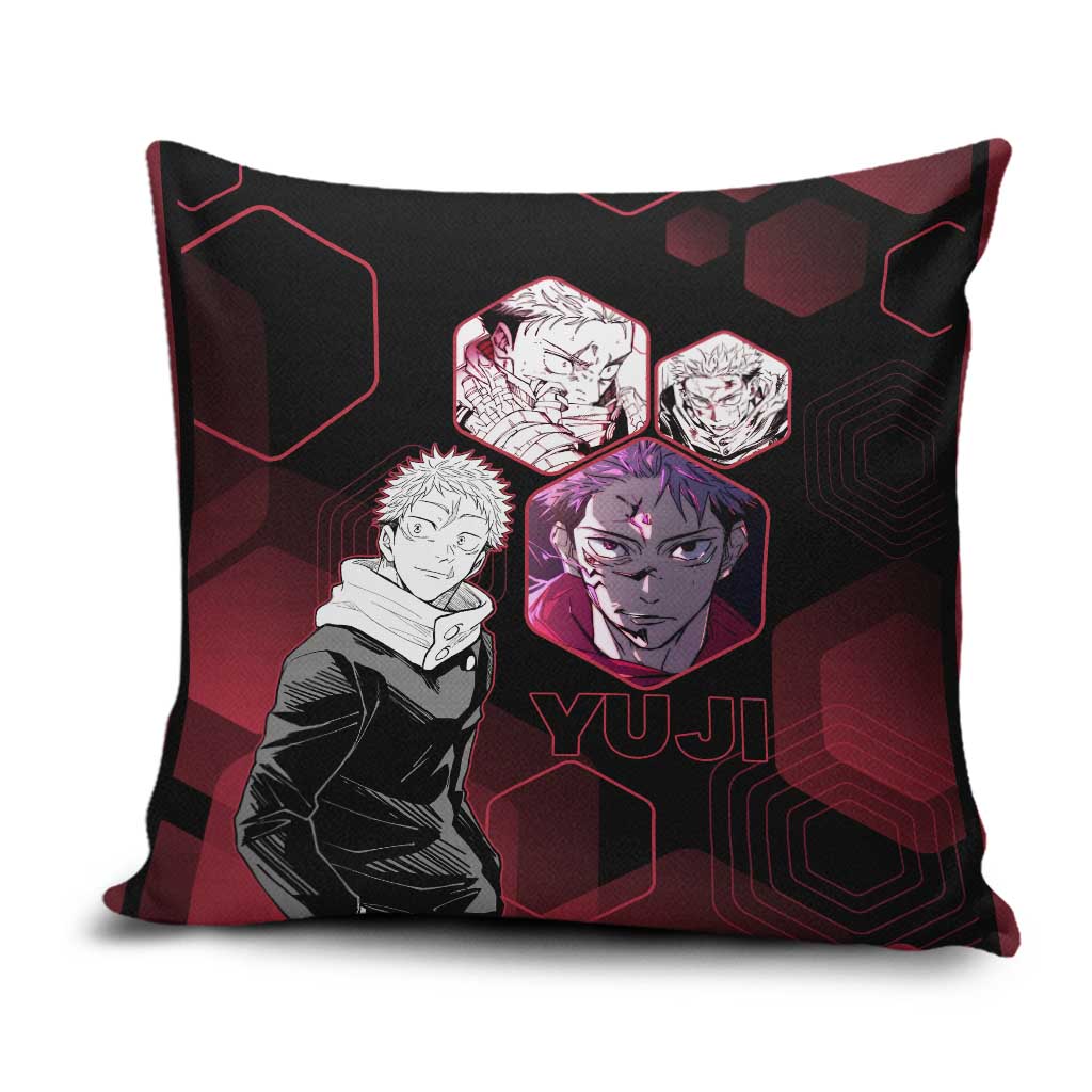 Yuji Itadori Jujutsu Kaisen Red Hexagon Design Pillow Cover with Sukuna Transformation and Manga Style Art - The Mazicc