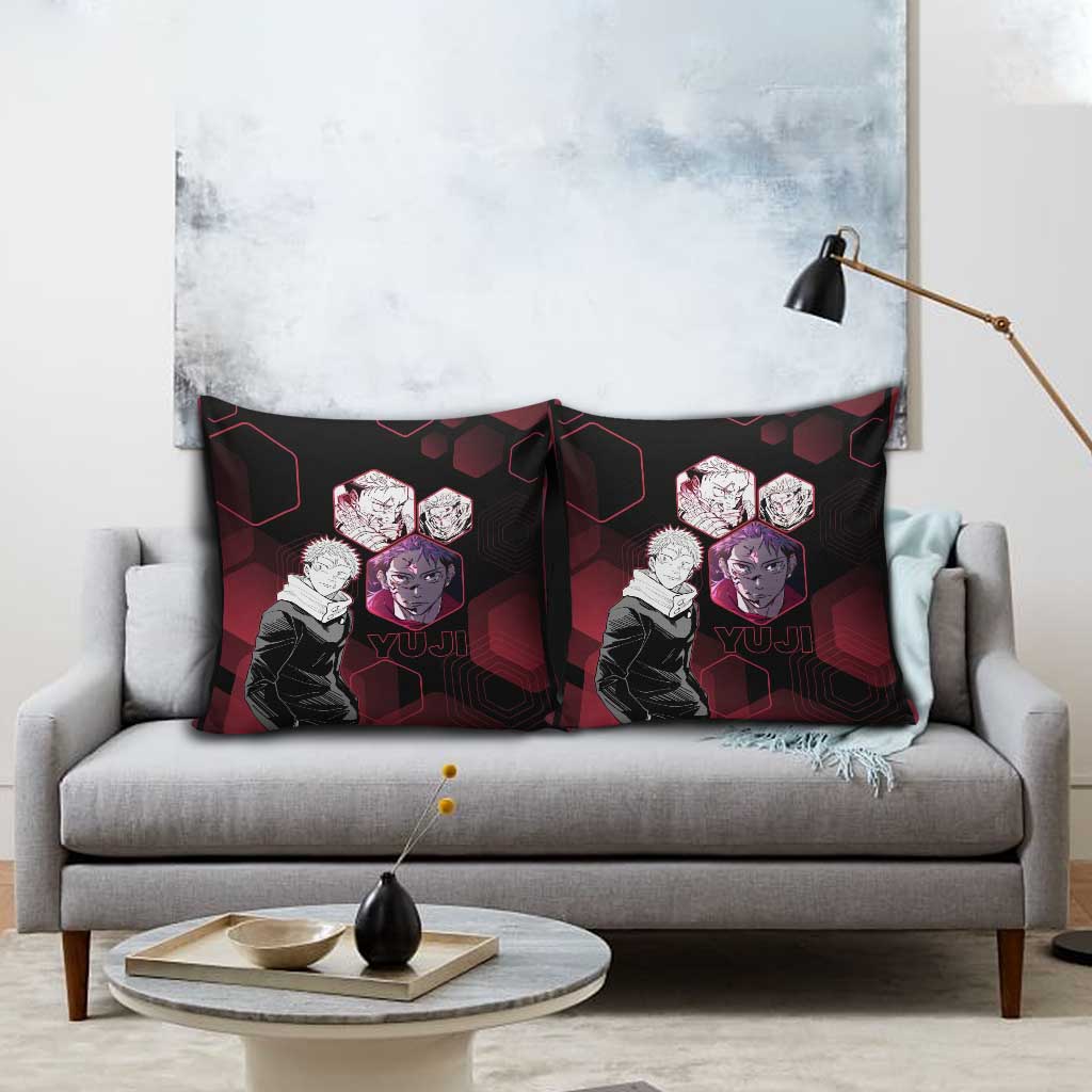 Yuji Itadori Jujutsu Kaisen Red Hexagon Design Pillow Cover with Sukuna Transformation and Manga Style Art - The Mazicc