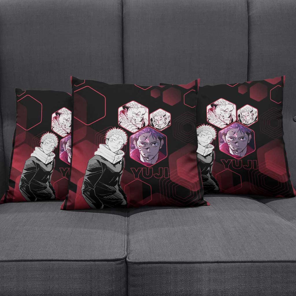 Yuji Itadori Jujutsu Kaisen Red Hexagon Design Pillow Cover with Sukuna Transformation and Manga Style Art - The Mazicc