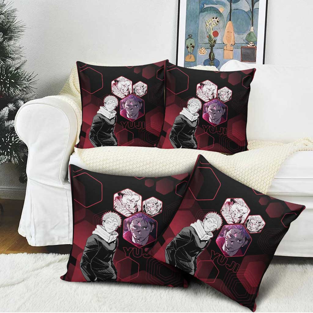 Yuji Itadori Jujutsu Kaisen Red Hexagon Design Pillow Cover with Sukuna Transformation and Manga Style Art - The Mazicc