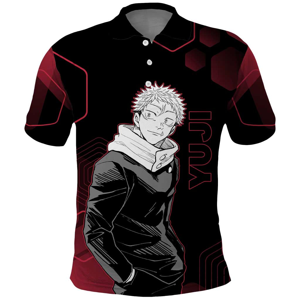 Yuji Itadori Jujutsu Kaisen Red Hexagon Design Polo Shirt with Sukuna Transformation and Manga Style Art - The Mazicc
