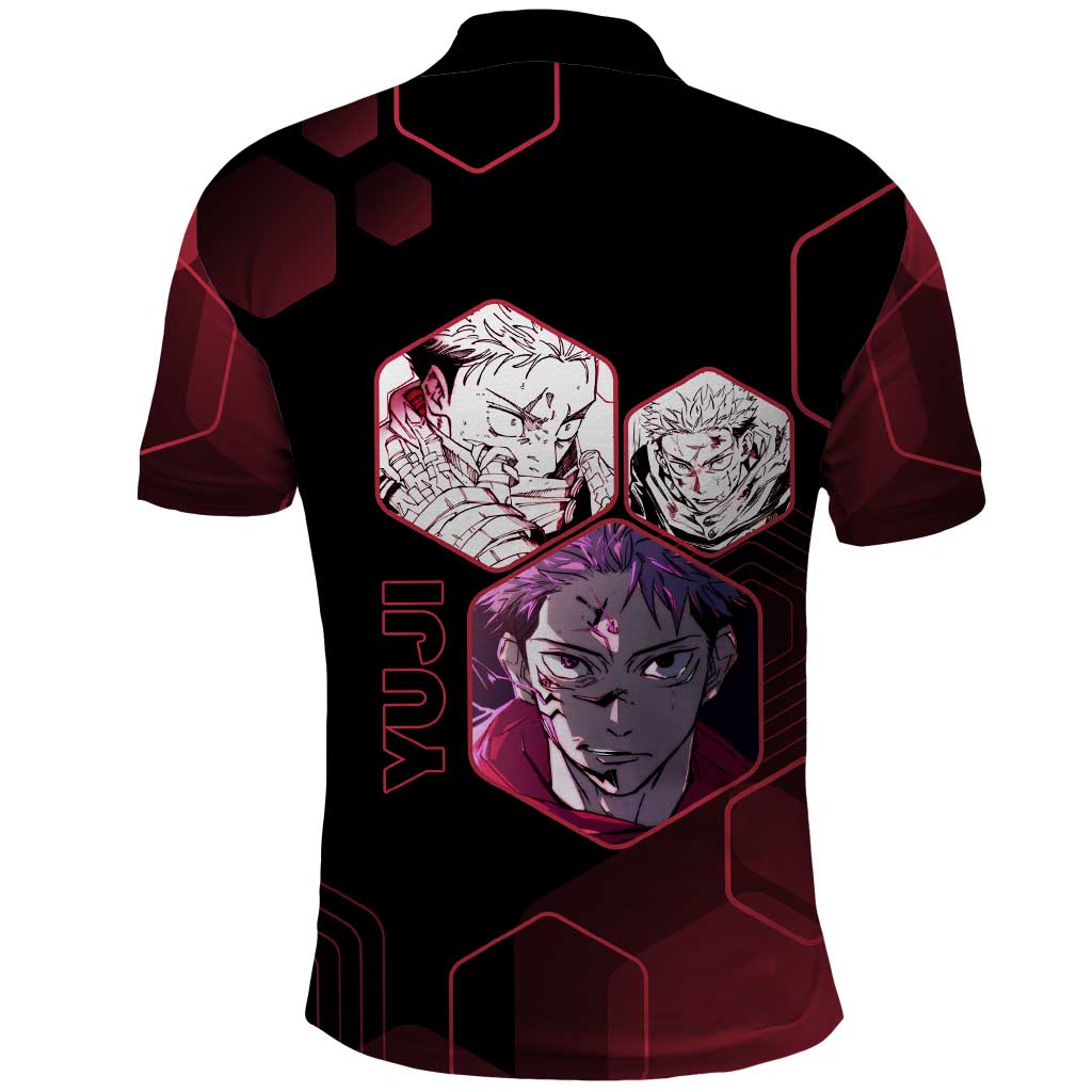 Yuji Itadori Jujutsu Kaisen Red Hexagon Design Polo Shirt with Sukuna Transformation and Manga Style Art - The Mazicc
