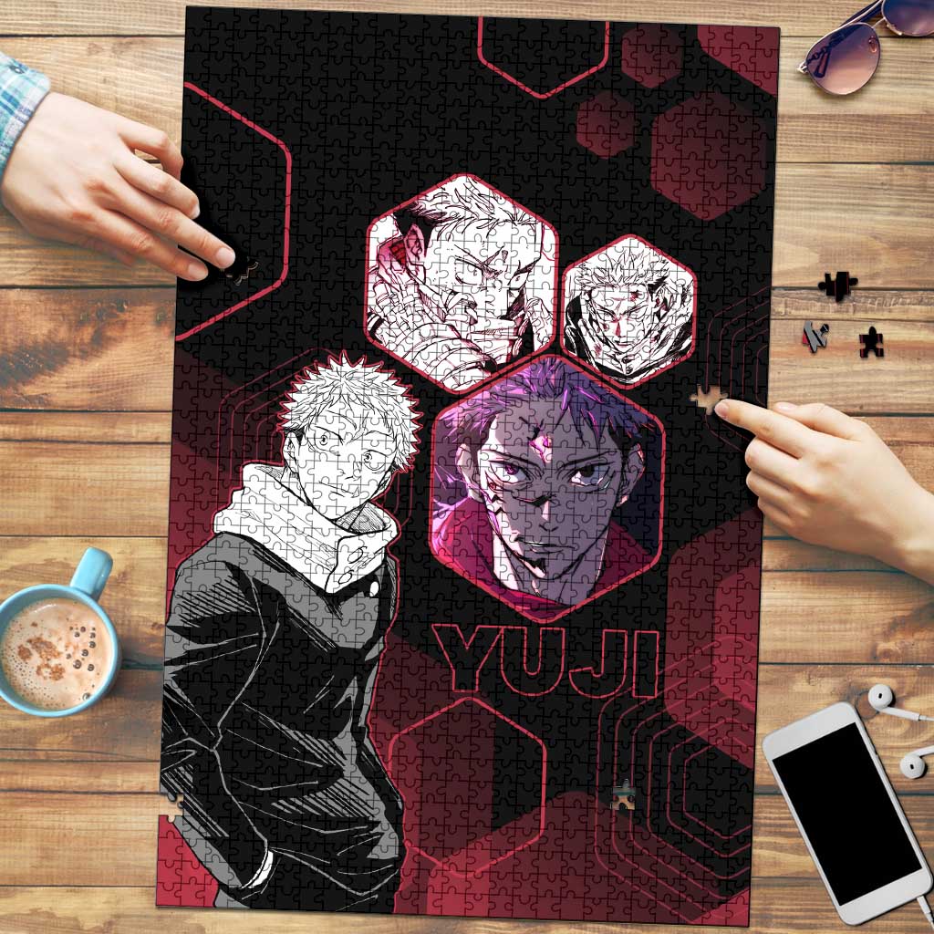 Yuji Itadori Jujutsu Kaisen Red Hexagon Design Puzzle with Sukuna Transformation and Manga Style Art - The Mazicc