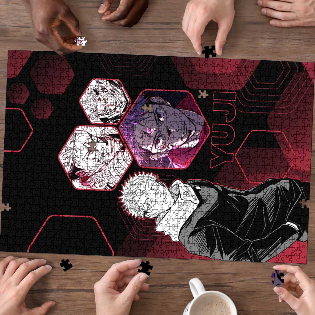 Yuji Itadori Jujutsu Kaisen Red Hexagon Design Puzzle with Sukuna Transformation and Manga Style Art - The Mazicc