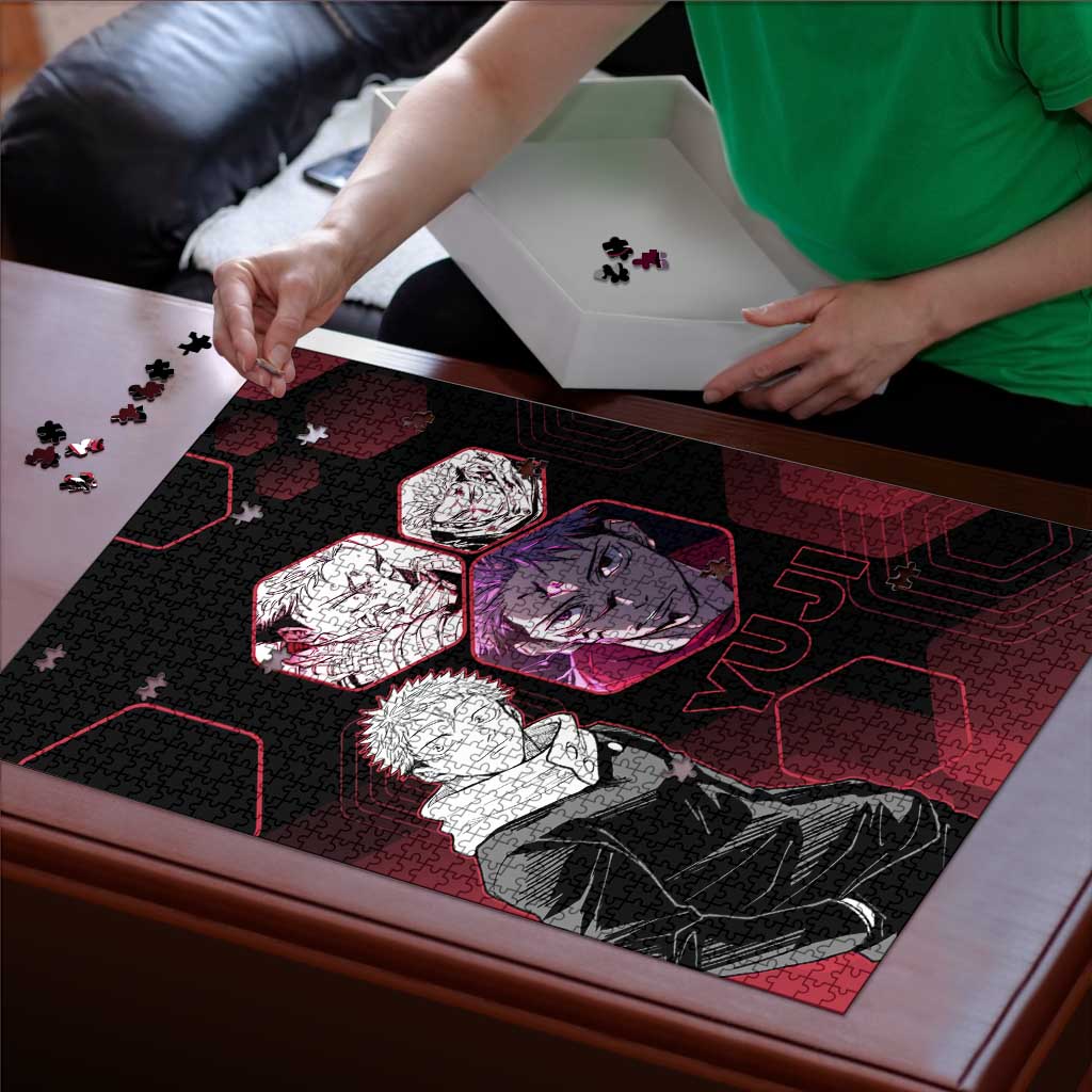 Yuji Itadori Jujutsu Kaisen Red Hexagon Design Puzzle with Sukuna Transformation and Manga Style Art - The Mazicc