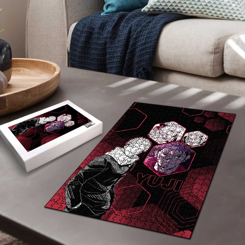 Yuji Itadori Jujutsu Kaisen Red Hexagon Design Puzzle with Sukuna Transformation and Manga Style Art - The Mazicc
