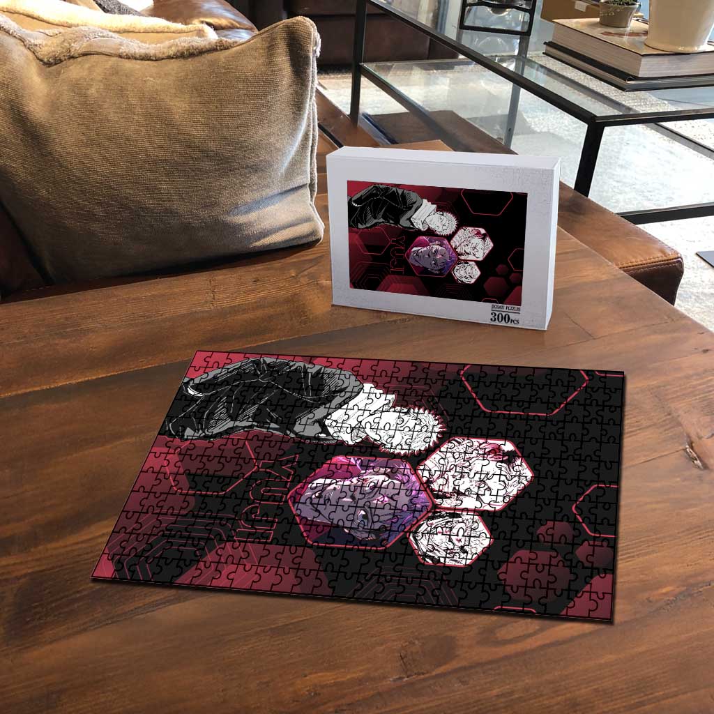 Yuji Itadori Jujutsu Kaisen Red Hexagon Design Puzzle with Sukuna Transformation and Manga Style Art - The Mazicc