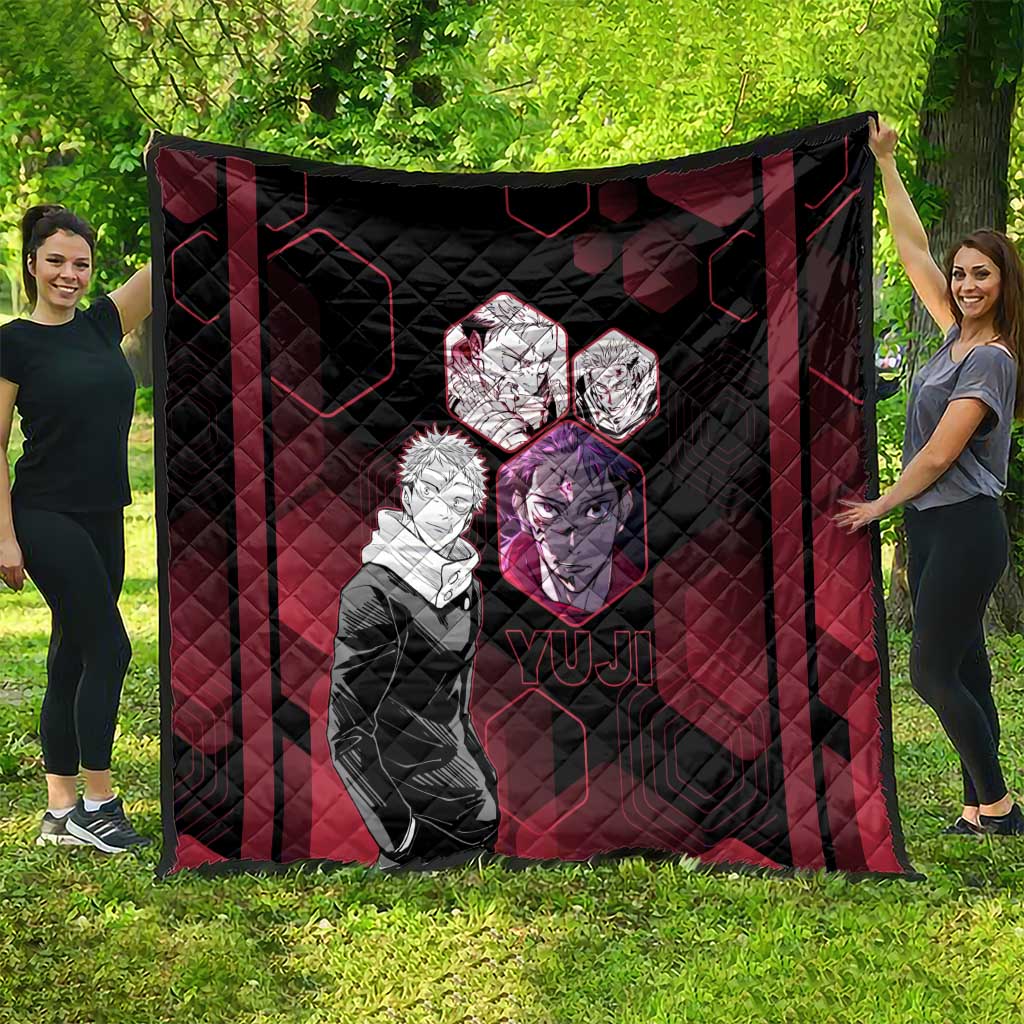 Yuji Itadori Jujutsu Kaisen Red Hexagon Design Quilt with Sukuna Transformation and Manga Style Art - The Mazicc
