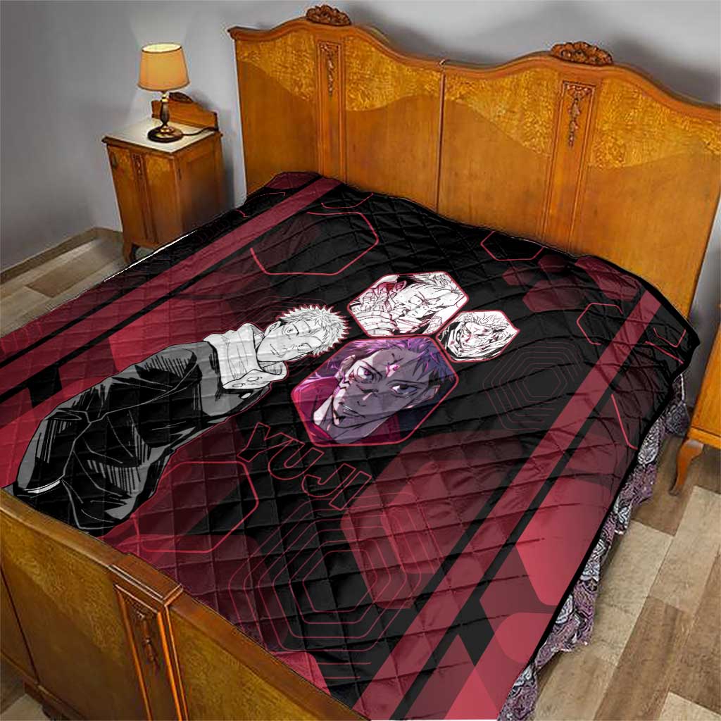 Yuji Itadori Jujutsu Kaisen Red Hexagon Design Quilt with Sukuna Transformation and Manga Style Art - The Mazicc