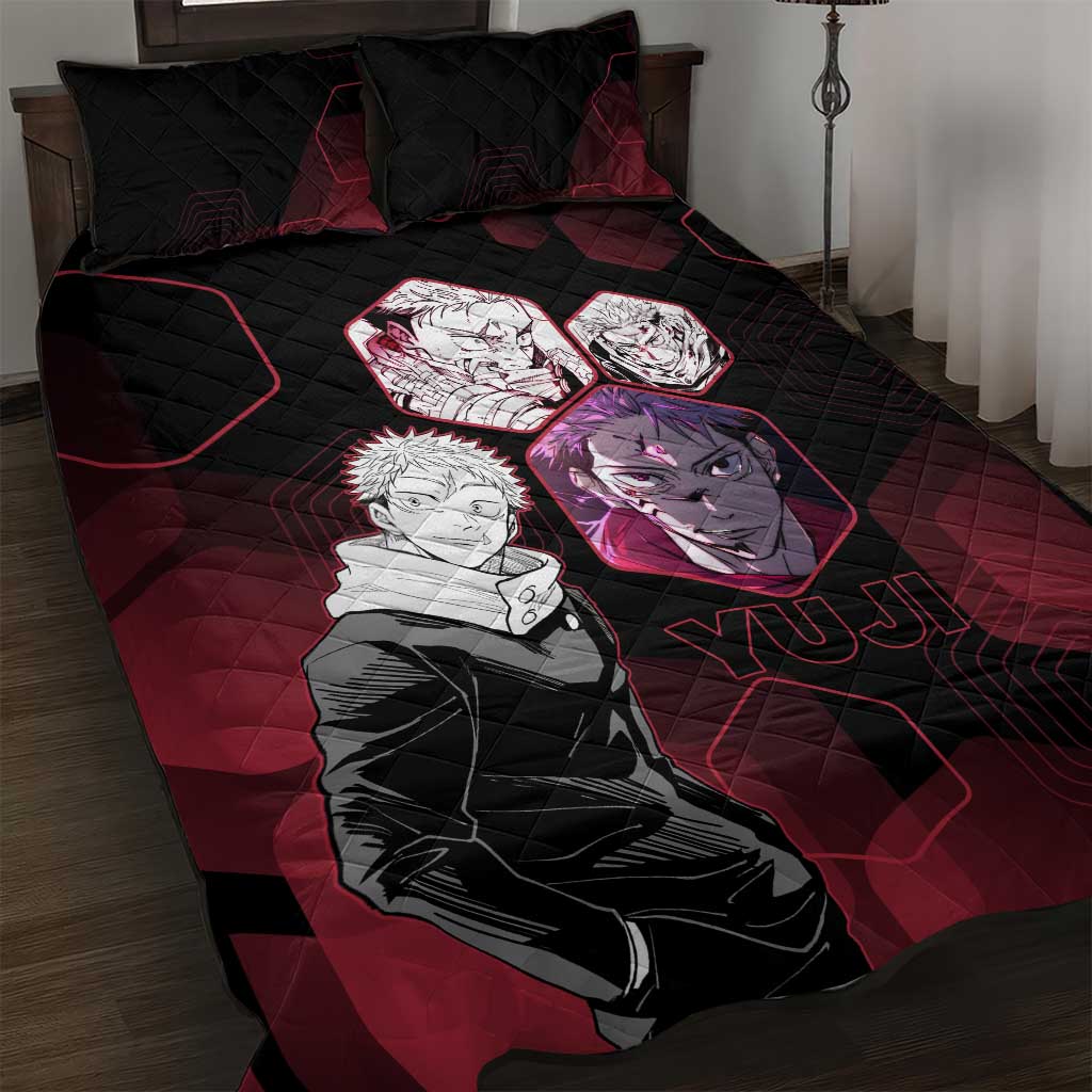Yuji Itadori Jujutsu Kaisen Red Hexagon Design Quilt Bed Set with Sukuna Transformation and Manga Style Art - The Mazicc