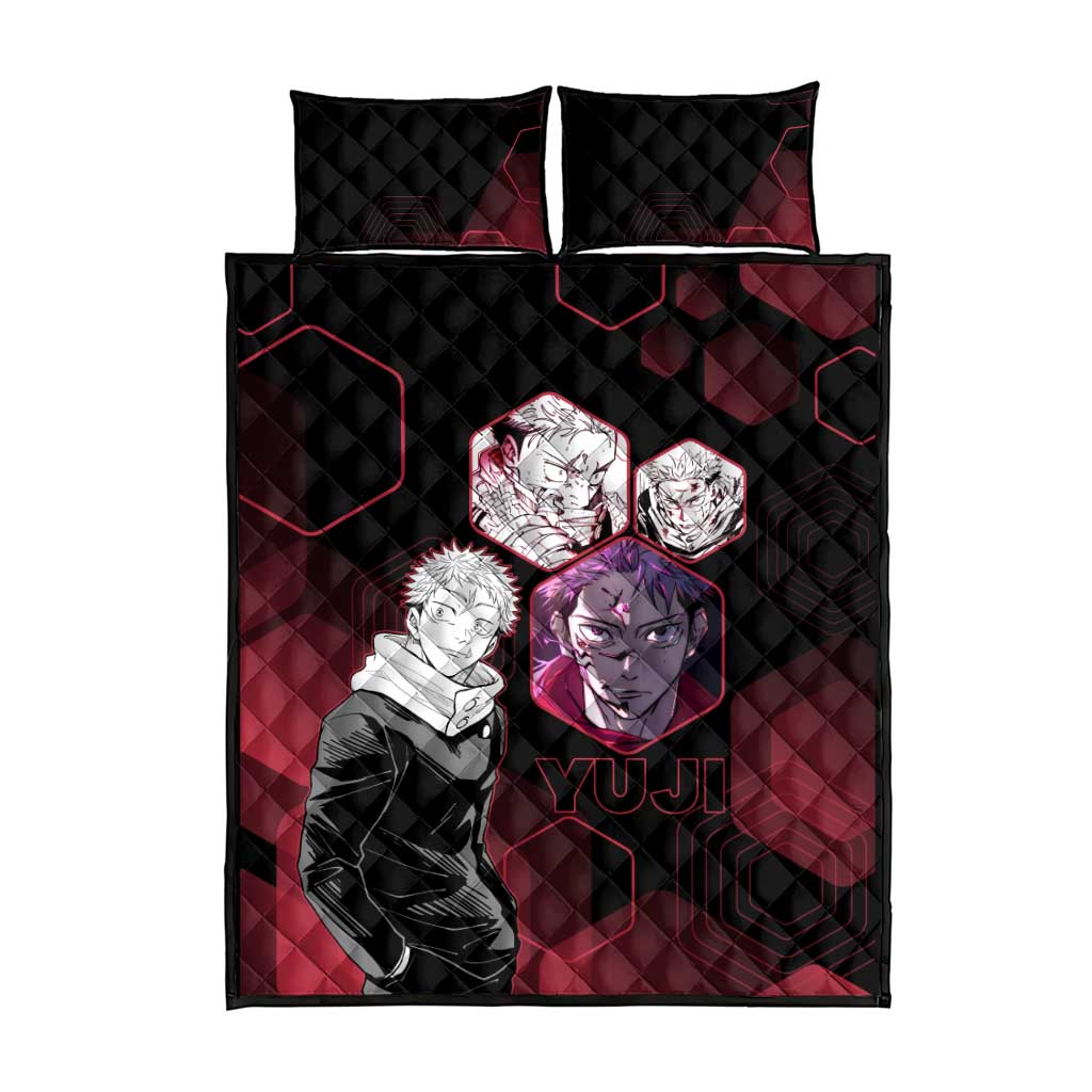 Yuji Itadori Jujutsu Kaisen Red Hexagon Design Quilt Bed Set with Sukuna Transformation and Manga Style Art - The Mazicc