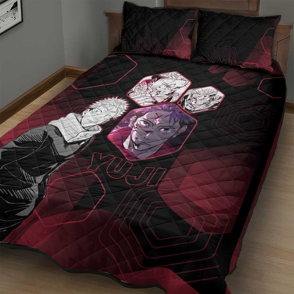 Yuji Itadori Jujutsu Kaisen Red Hexagon Design Quilt Bed Set with Sukuna Transformation and Manga Style Art - The Mazicc