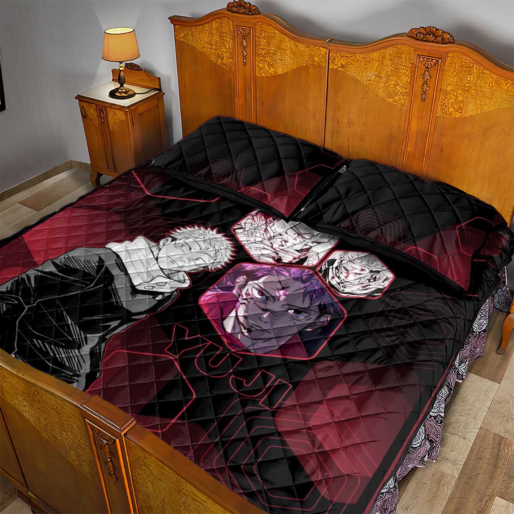 Yuji Itadori Jujutsu Kaisen Red Hexagon Design Quilt Bed Set with Sukuna Transformation and Manga Style Art - The Mazicc