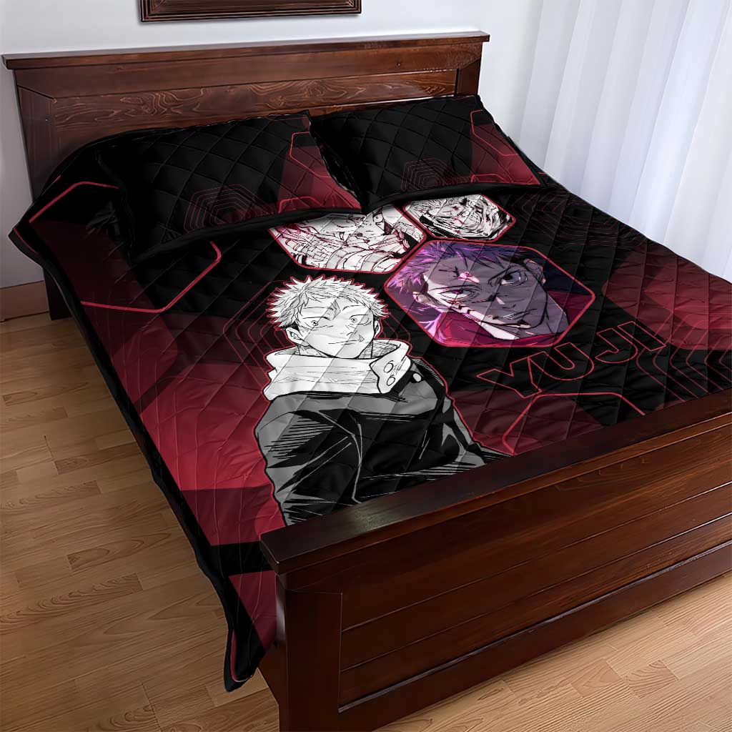 Yuji Itadori Jujutsu Kaisen Red Hexagon Design Quilt Bed Set with Sukuna Transformation and Manga Style Art - The Mazicc