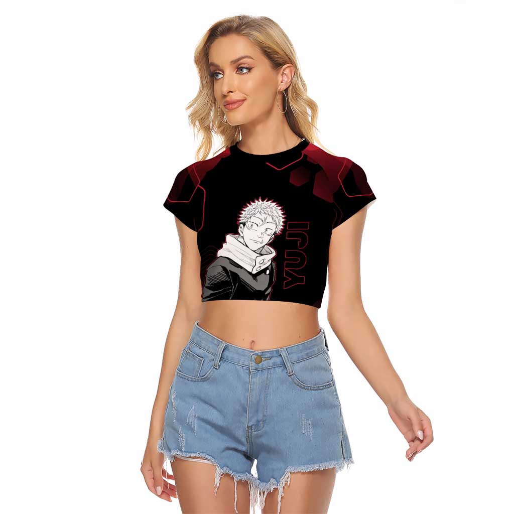 Yuji Itadori Jujutsu Kaisen Red Hexagon Design Raglan Cropped T Shirt with Sukuna Transformation and Manga Style Art - The Mazicc
