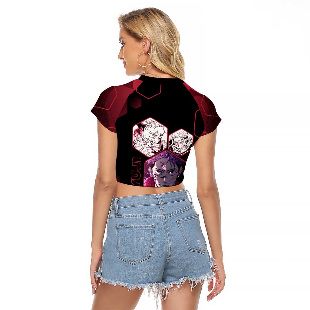 Yuji Itadori Jujutsu Kaisen Red Hexagon Design Raglan Cropped T Shirt with Sukuna Transformation and Manga Style Art - The Mazicc